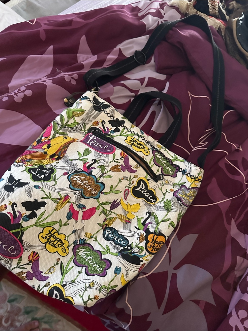 Sakroots Multicolor Peace Birds Happy & Free Canvas Tote with Black Straps